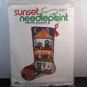 Vintage 1980 Sunset Needlepoint Kit, CHRISTMAS DOLLHOUSE 18" Stocking Kit 6010,